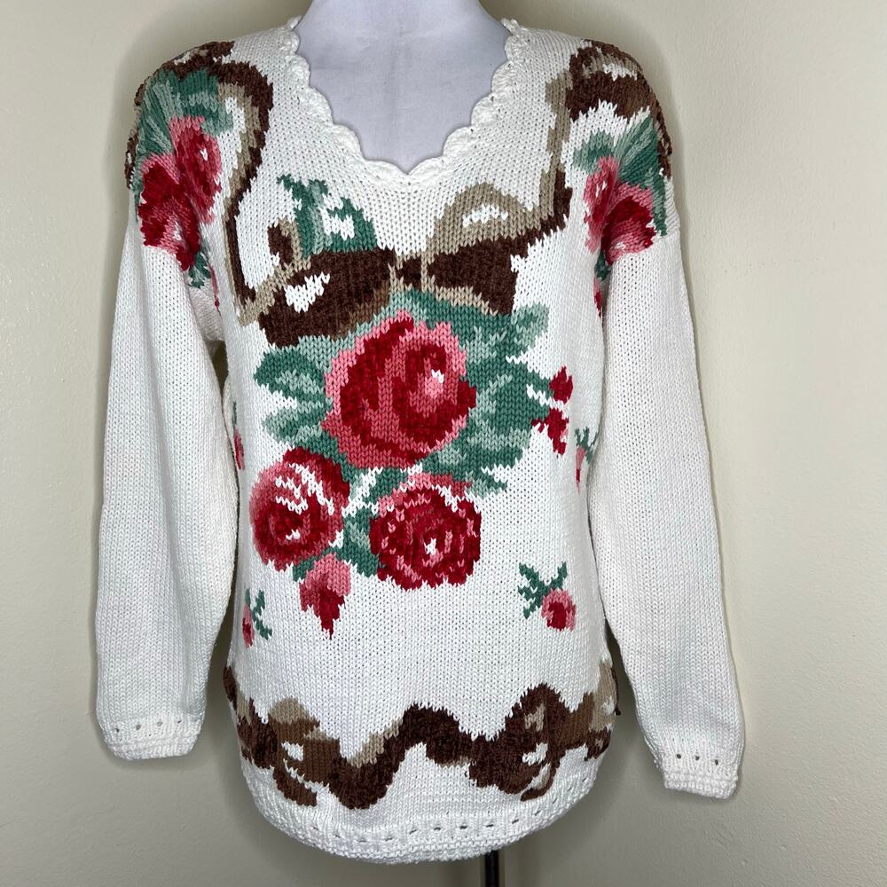 90s Nuggets Grandma Sweater Large Knitted Floral Rose Cottagecore V-Neck Vintage